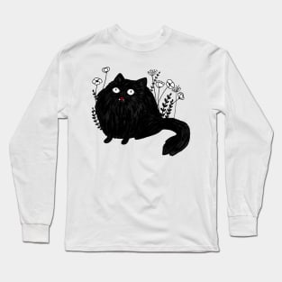 Funny fluffy black cat with flowers Long Sleeve T-Shirt